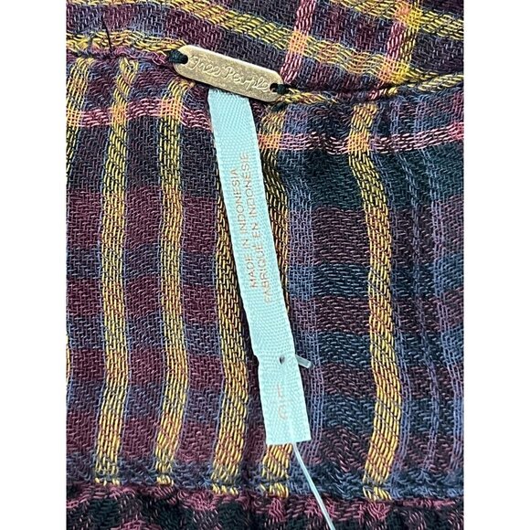 Free People Wine Plaid Button-Down Shirt Fray Long Sleeve Large L NWT New - Picture 7 of 9
